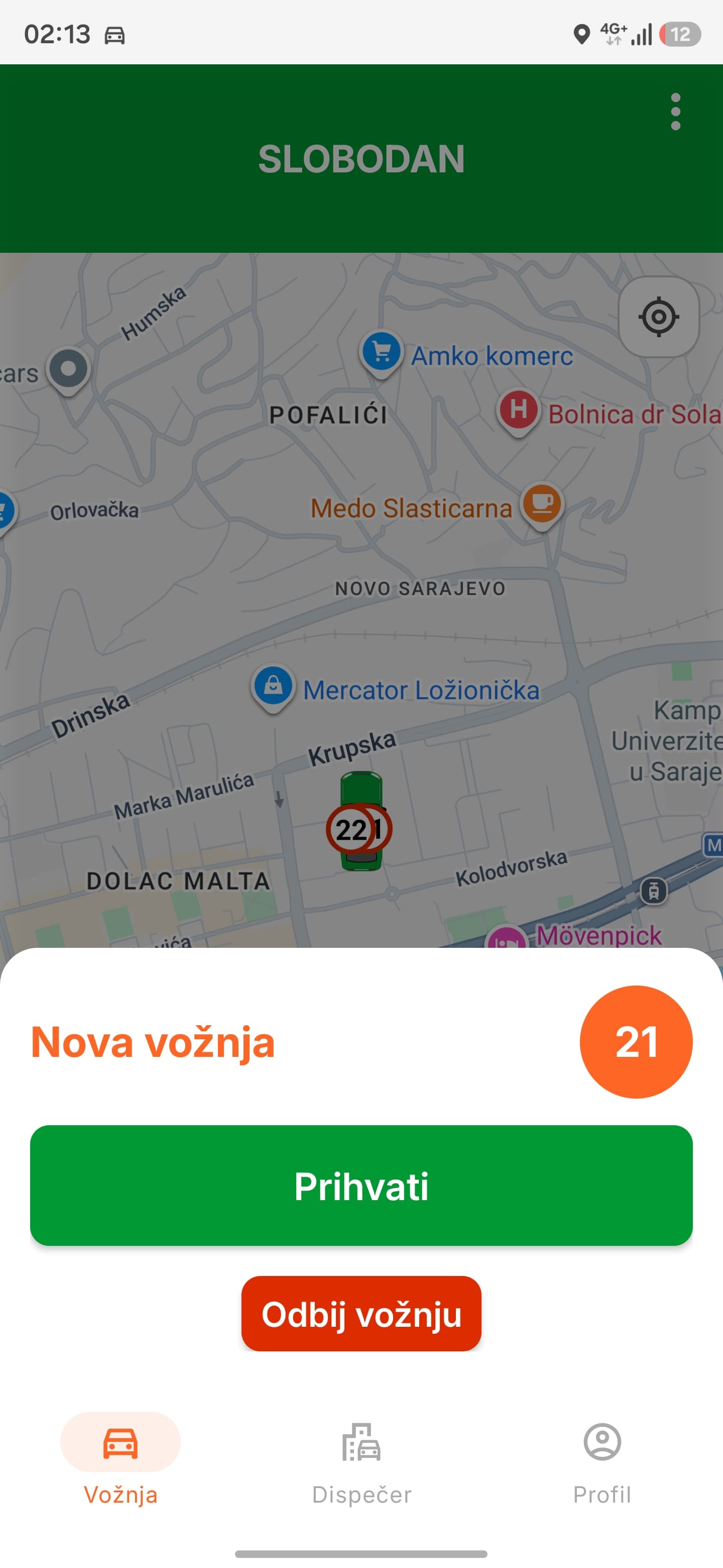 Nova vožnja na telefonu vozača