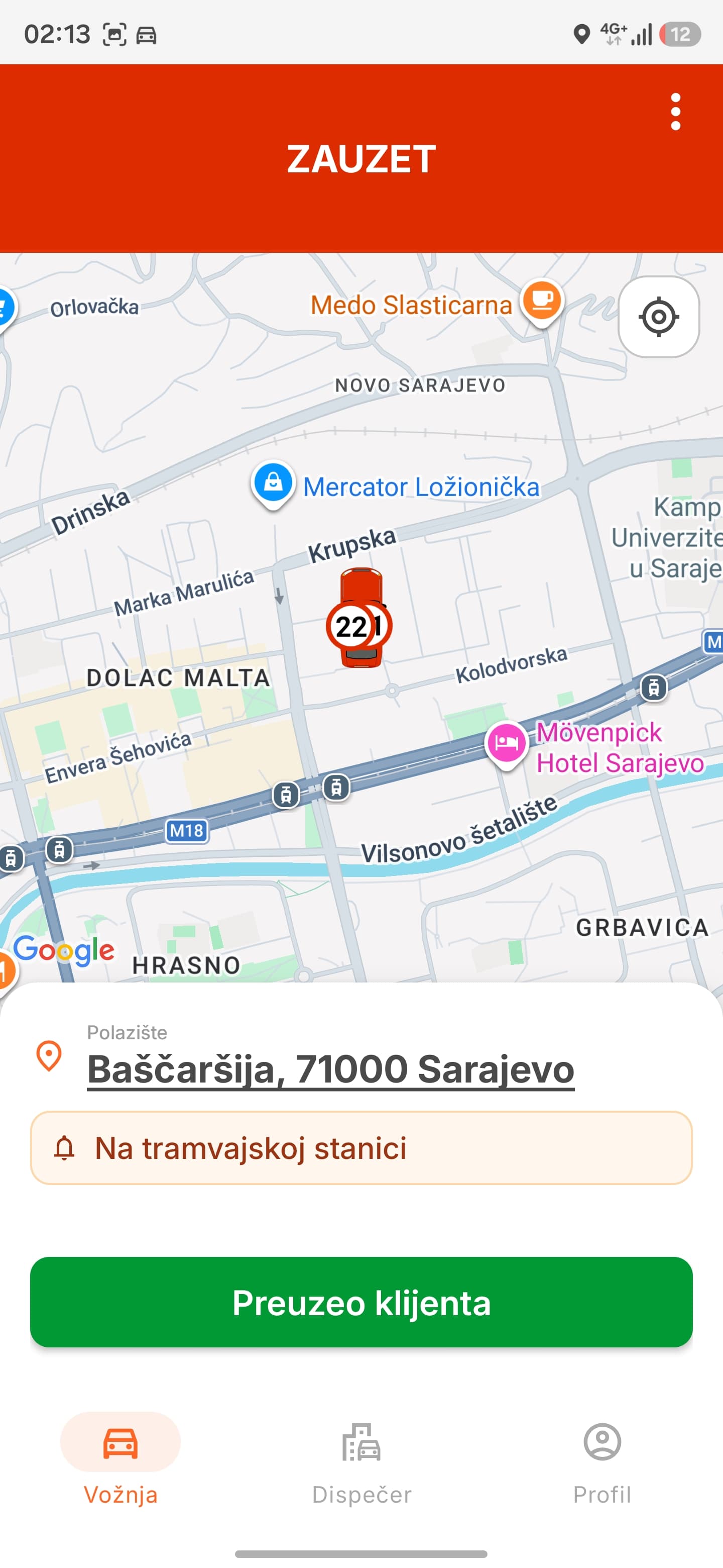 Aplikacija vozača, status Zauzet